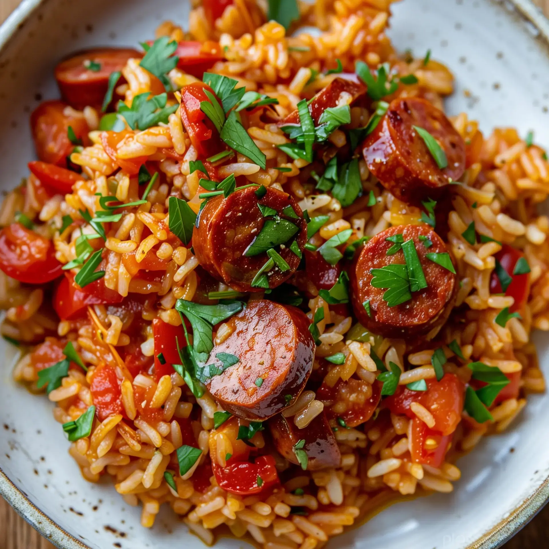 Un plat de riz coloré avec des morceaux de saucisse, des tomates et de la persil frais.