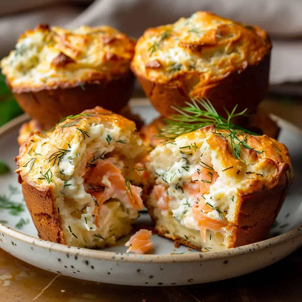 Des muffins salés au saumon et à l'aneth, coupés en deux pour révéler leur garniture crémeuse.