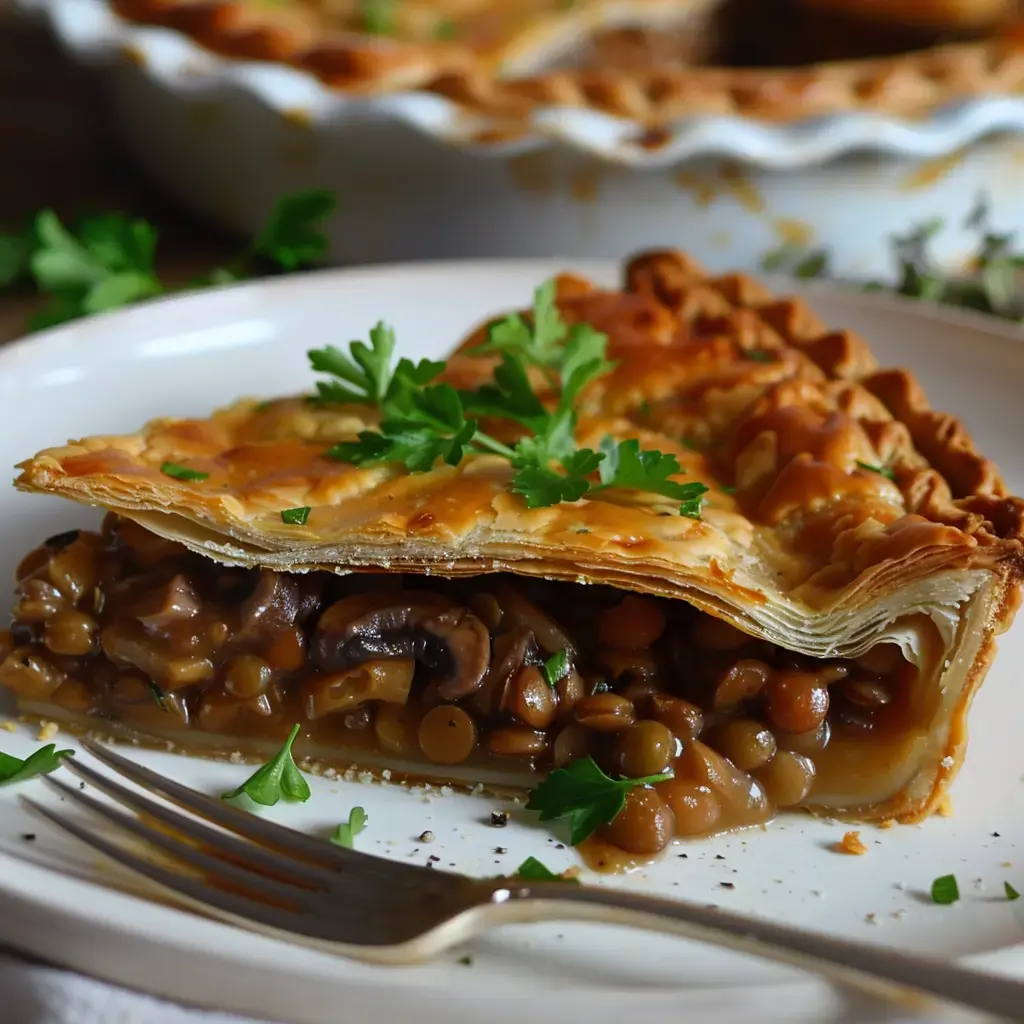 Une part de tarte feuilletée aux lentilles et champignons, garnie de persil frais, sur une assiette blanche.