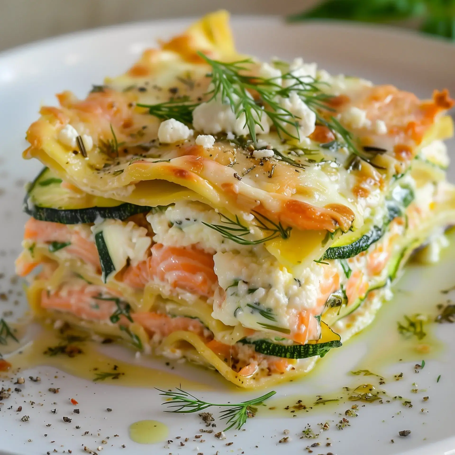 Lasagne au saumon et courgette, garnie de fromage frais et d'aneth, sur une assiette blanche.