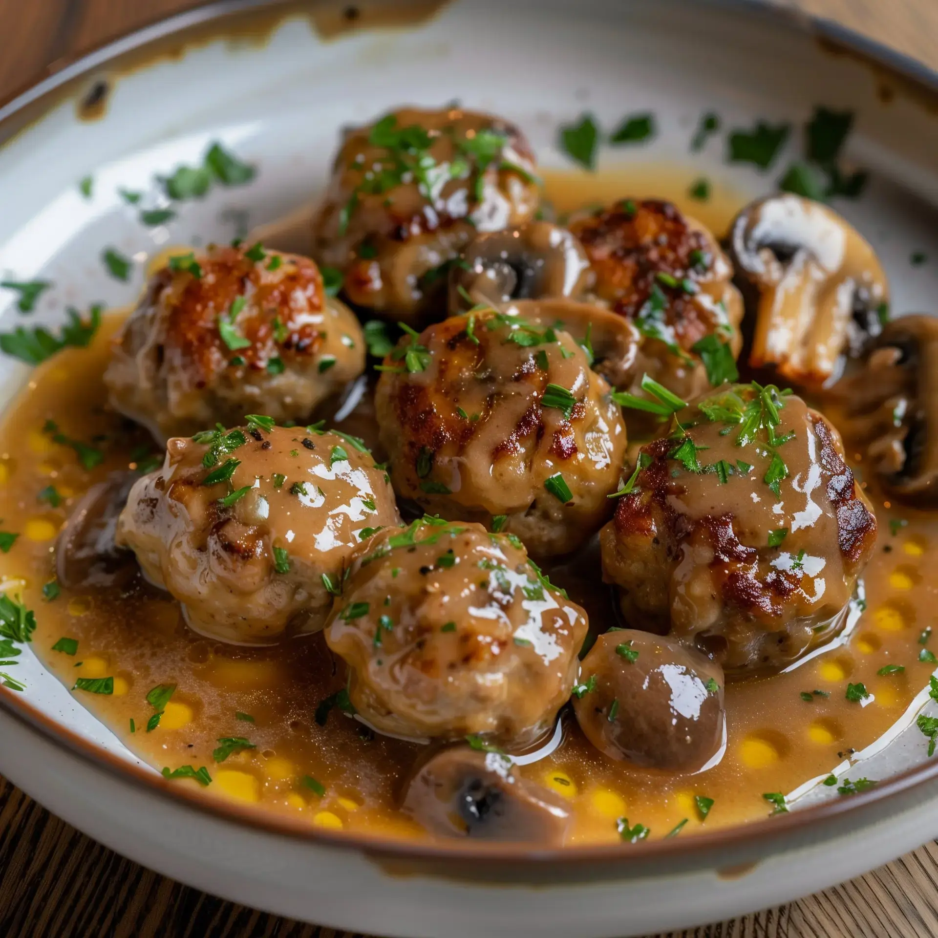 Des boulettes de viande savoureuses nappées d'une sauce crémeuse aux champignons, garnies de persil frais.