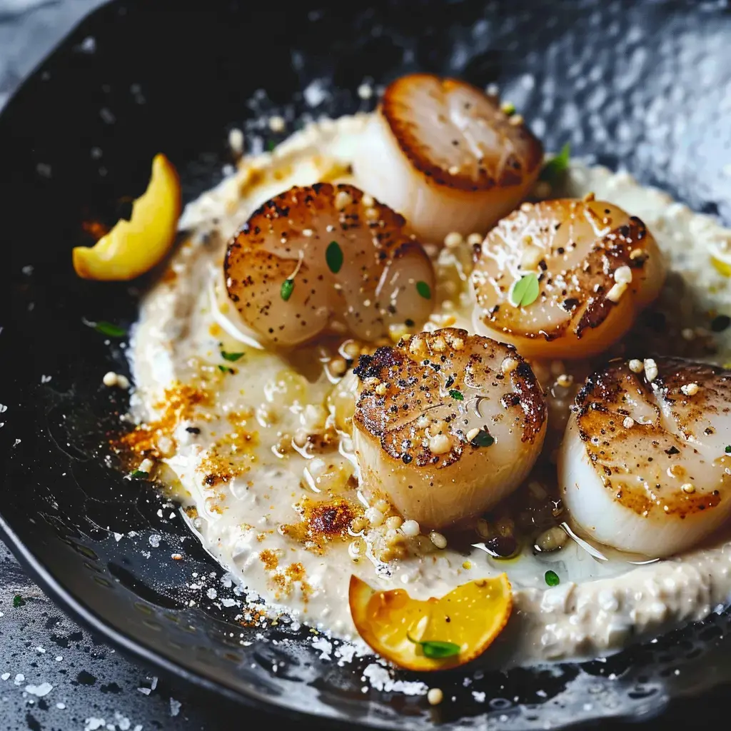 Un plat de coquilles Saint-Jacques grillées servies sur une crème savoureuse, garnies de zestes de citron et d'herbes.