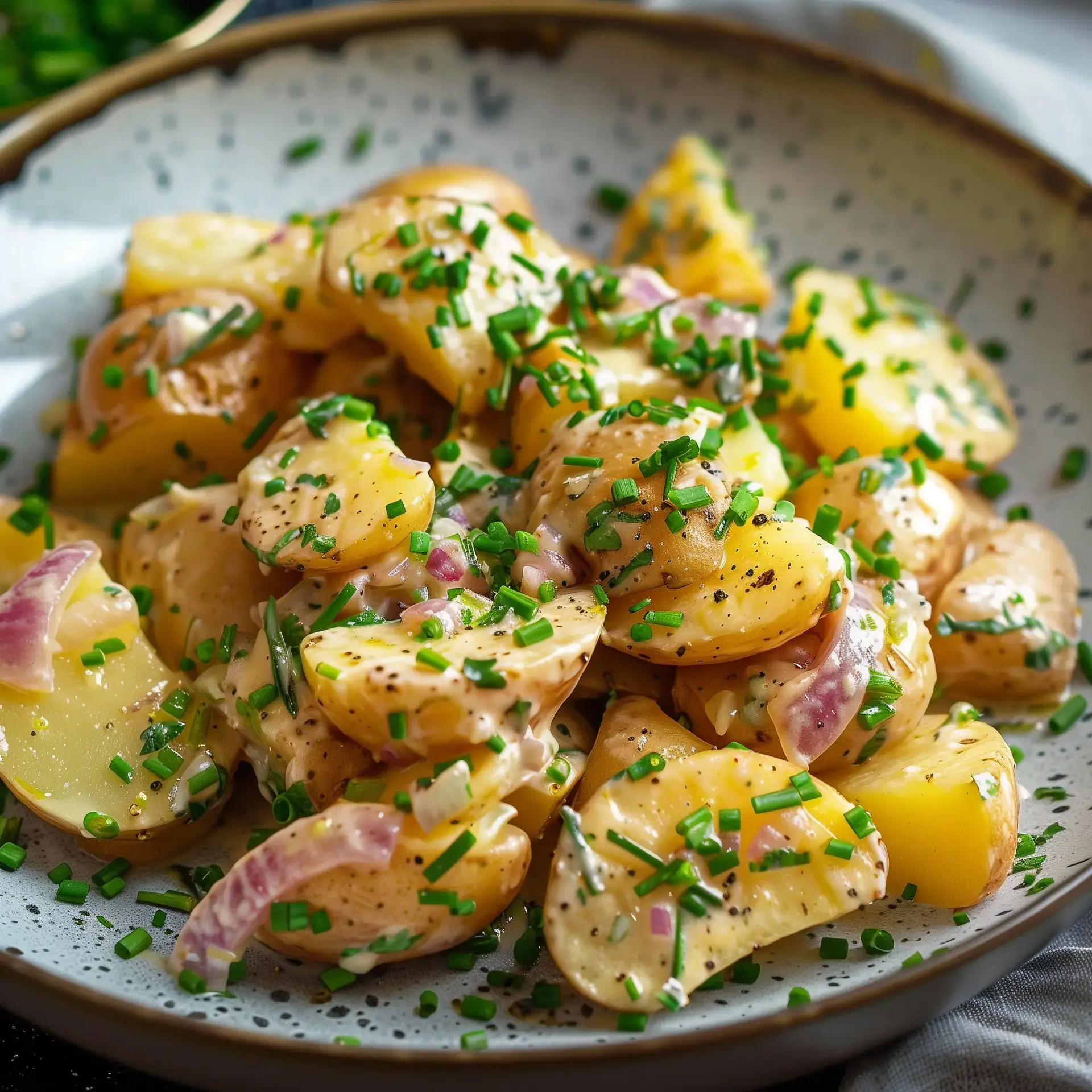 Une assiette de pommes de terre en salade crémeuse, garnies de ciboulette et d'échalotes.