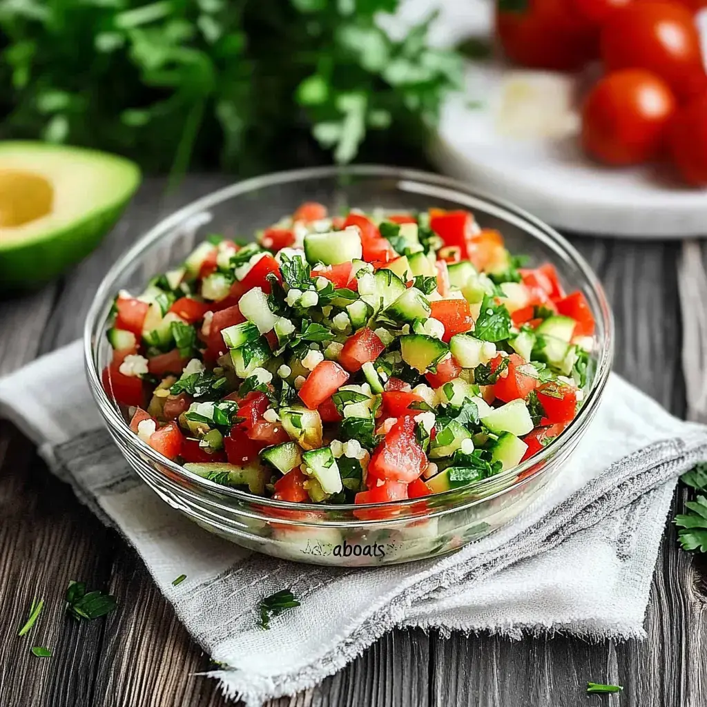 Une salade colorée à base de tomates, de concombres et de coriandre dans un bol en verre.