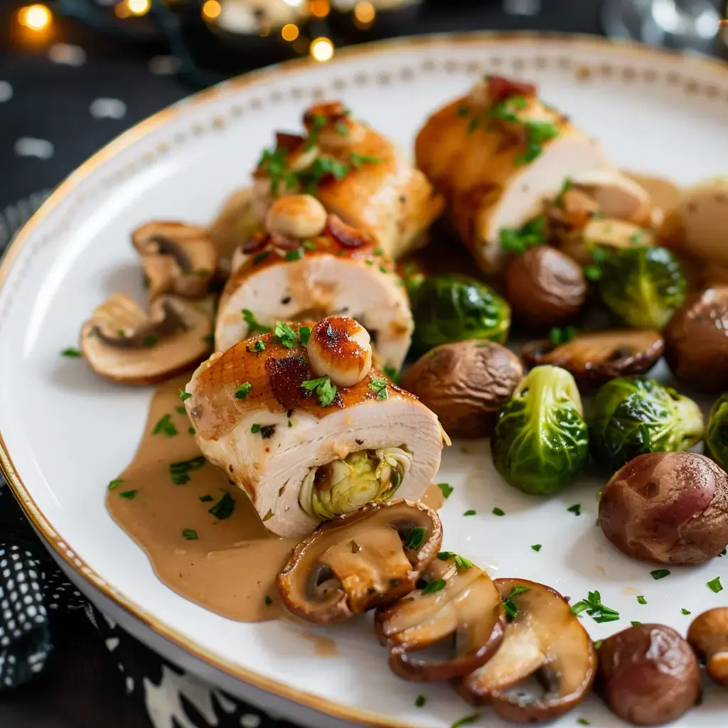 Une assiette garnie de roulés de poulet farcis, accompagnés de champignons, de choux de Bruxelles et de pommes de terre, le tout nappé d'une sauce crémeuse.