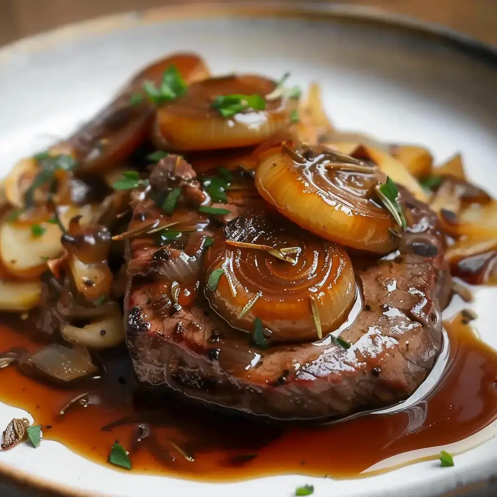 Un plat de viande de bœuf tendre accompagné d'oignons caramélisés et de sauce, servi sur une assiette.