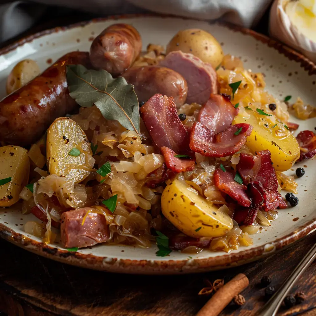 Un plat savoureux de choucroute garnie avec des saucisses, du bacon, des pommes de terre et des feuilles de laurier.