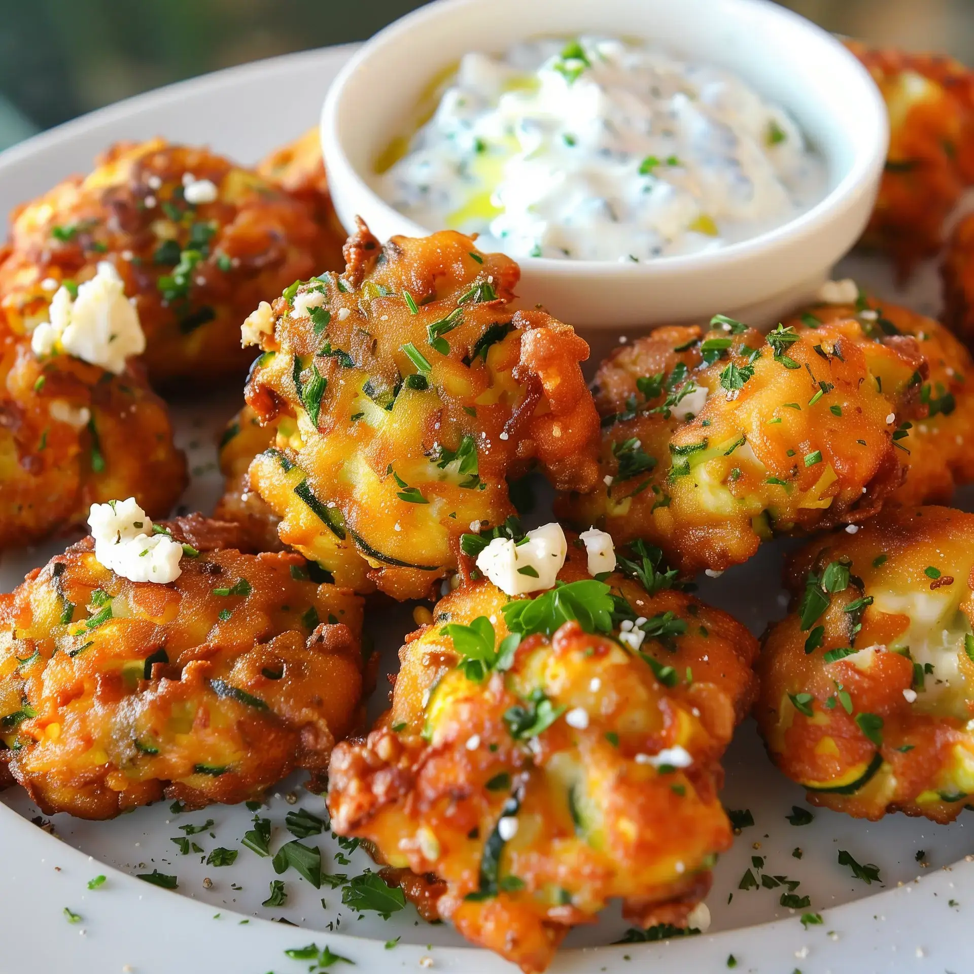 Des beignets dorés à base de légumes, garnis de fromage et accompagnés d'une sauce blanche dans un bol.