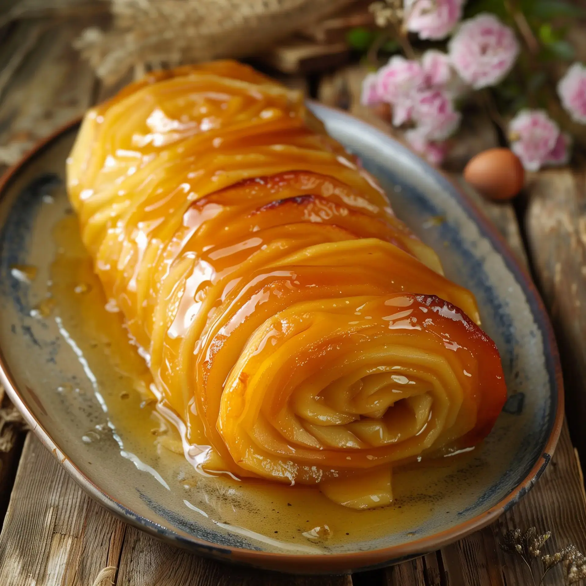 Un gâteau en forme de rose à base de pommes caramélisées est présenté sur une assiette avec un léger sirop.