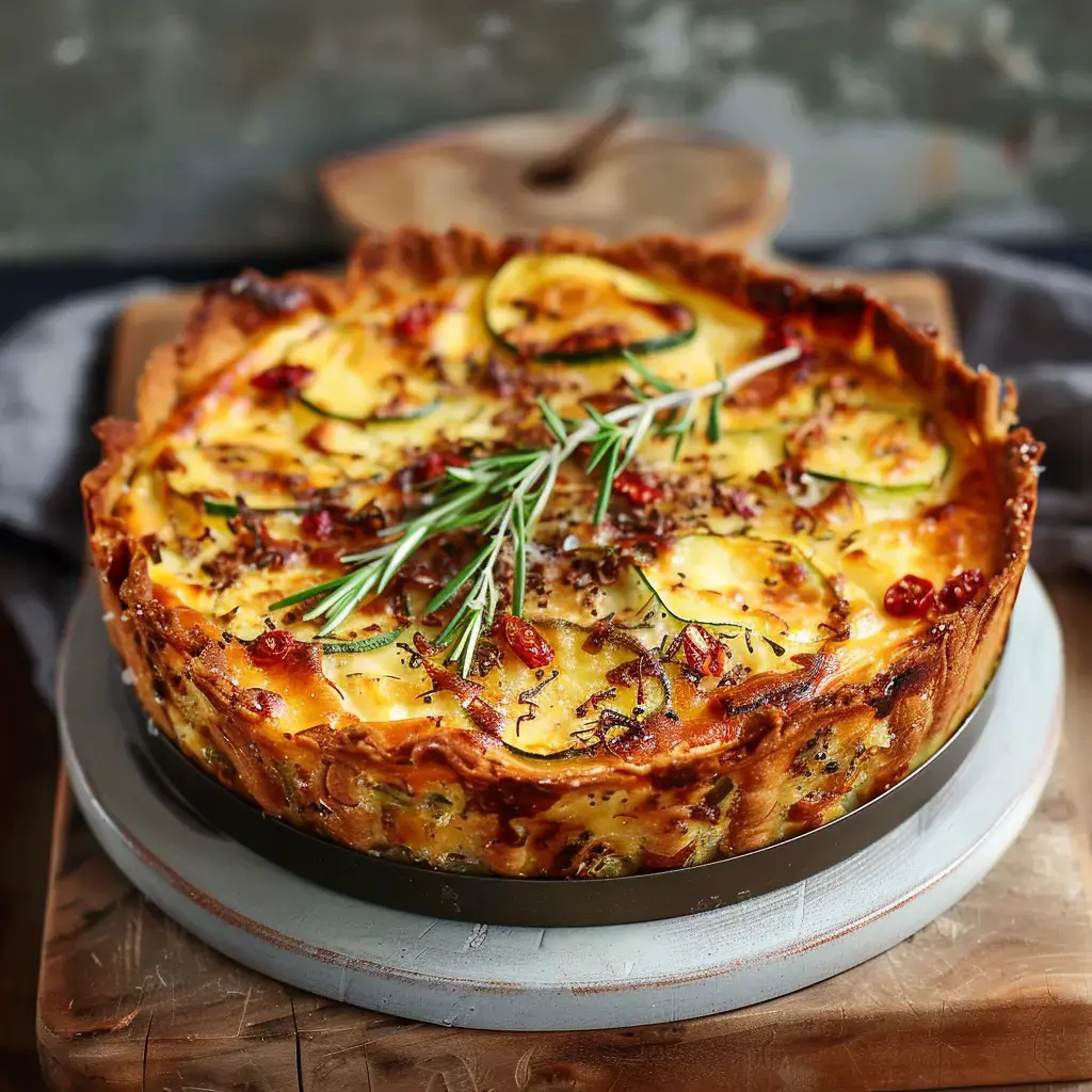 Une tarte salée dorée aux légumes, garnie de romarin et de tomates séchées, est posée sur un plateau en bois.