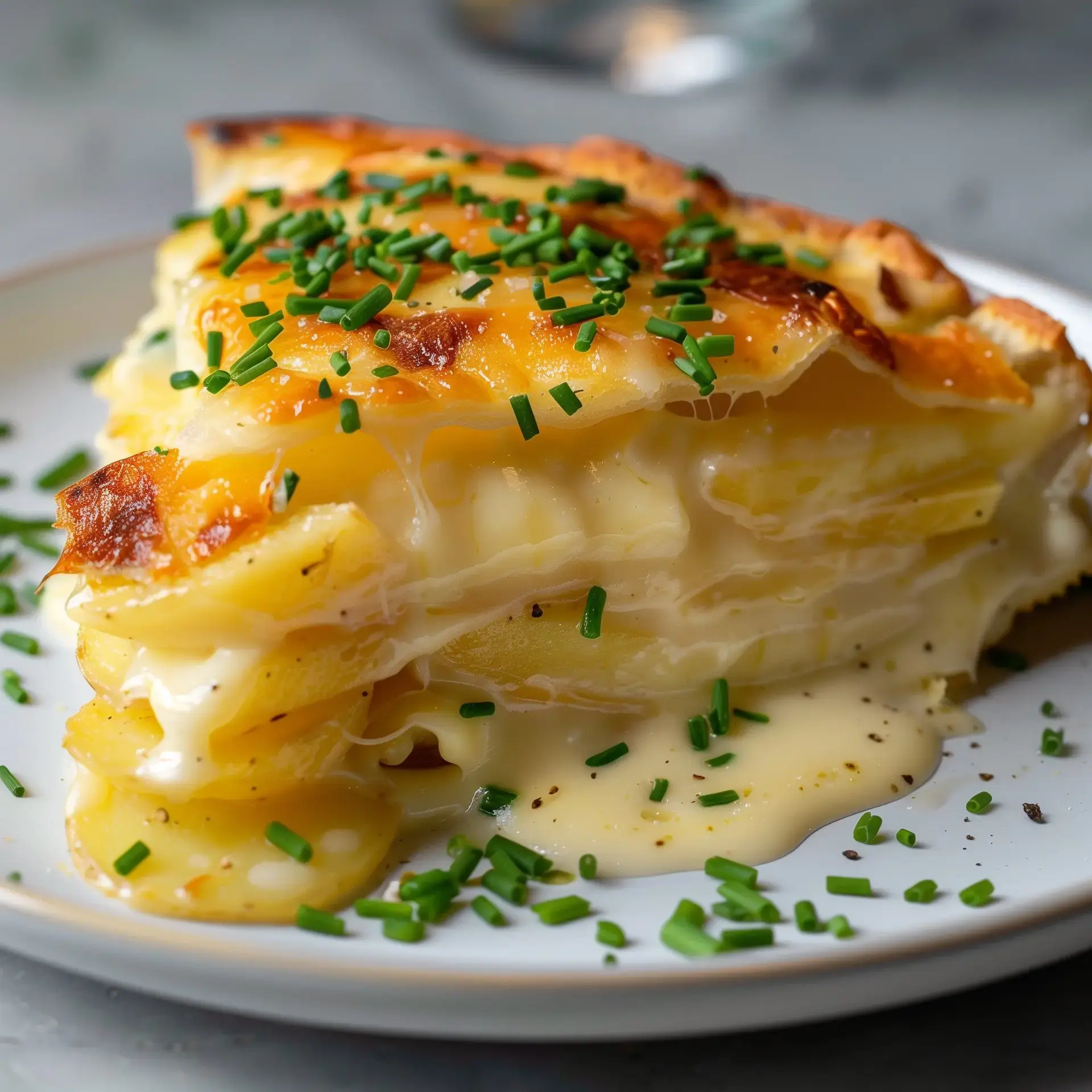 Une part de gratin de pommes de terre, garnie de fromage fondu et de ciboulette, est servie sur une assiette blanche.