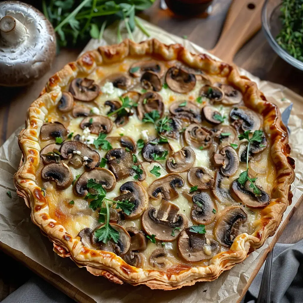 Une tarte aux champignons garnie de tranches de champignons et de persil, posée sur une planche en bois.