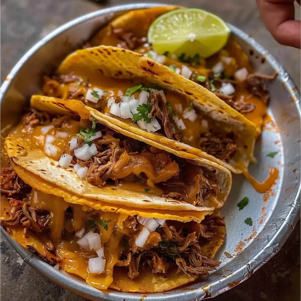 Un plat de tacos garnis de viande effilochée, fromage fondu, oignons hachés et un quartier de citron vert.