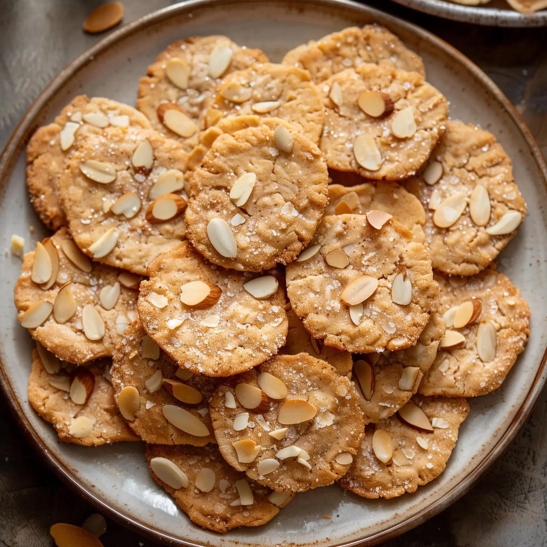 Une assiette de biscuits ronds, garnis d'amandes et de sucre, est soigneusement disposée.