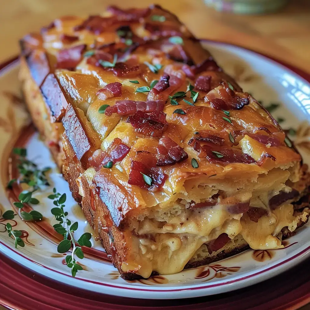 Un plat de pain perdu garni de bacon croustillant et de fromage fondu, servi avec des herbes fraîches.