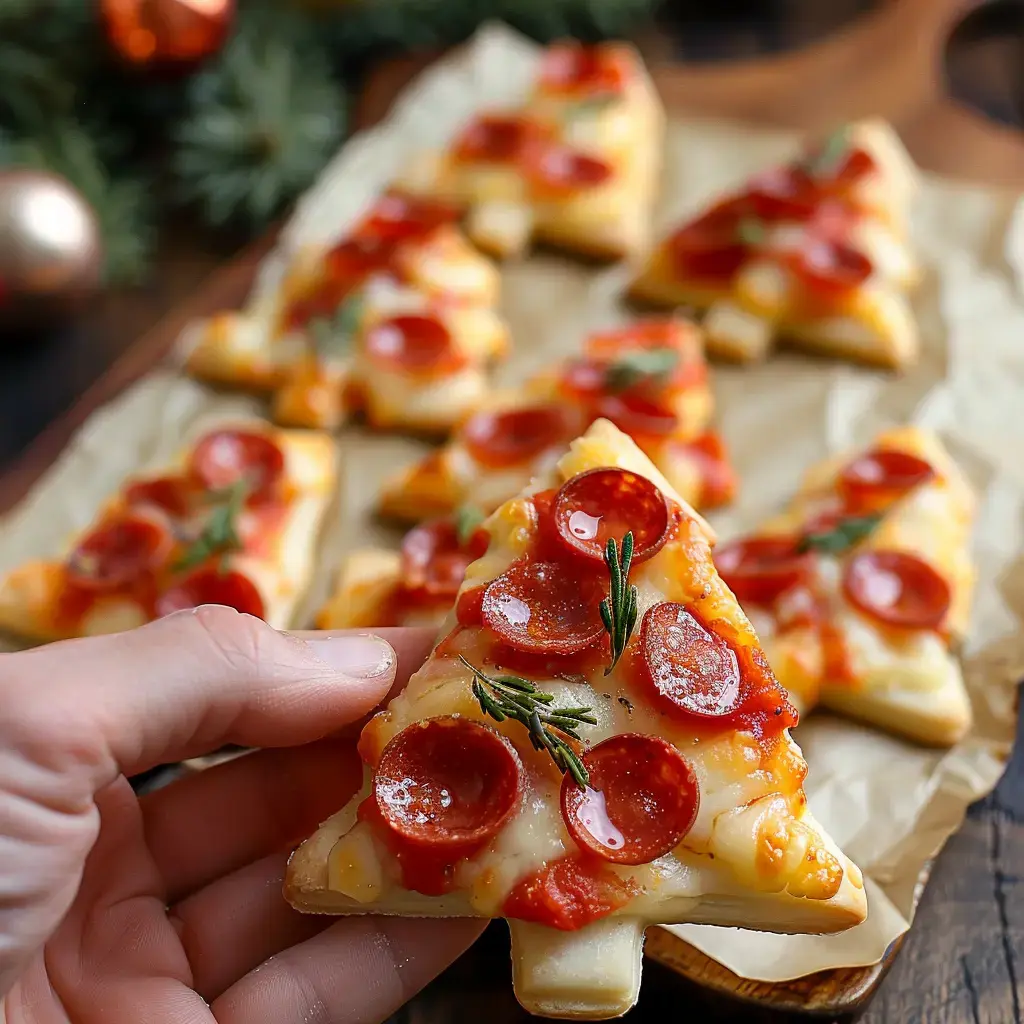 Des petites pizzas en forme d'arbre de Noël avec des rondelles de pepperoni et des herbes.