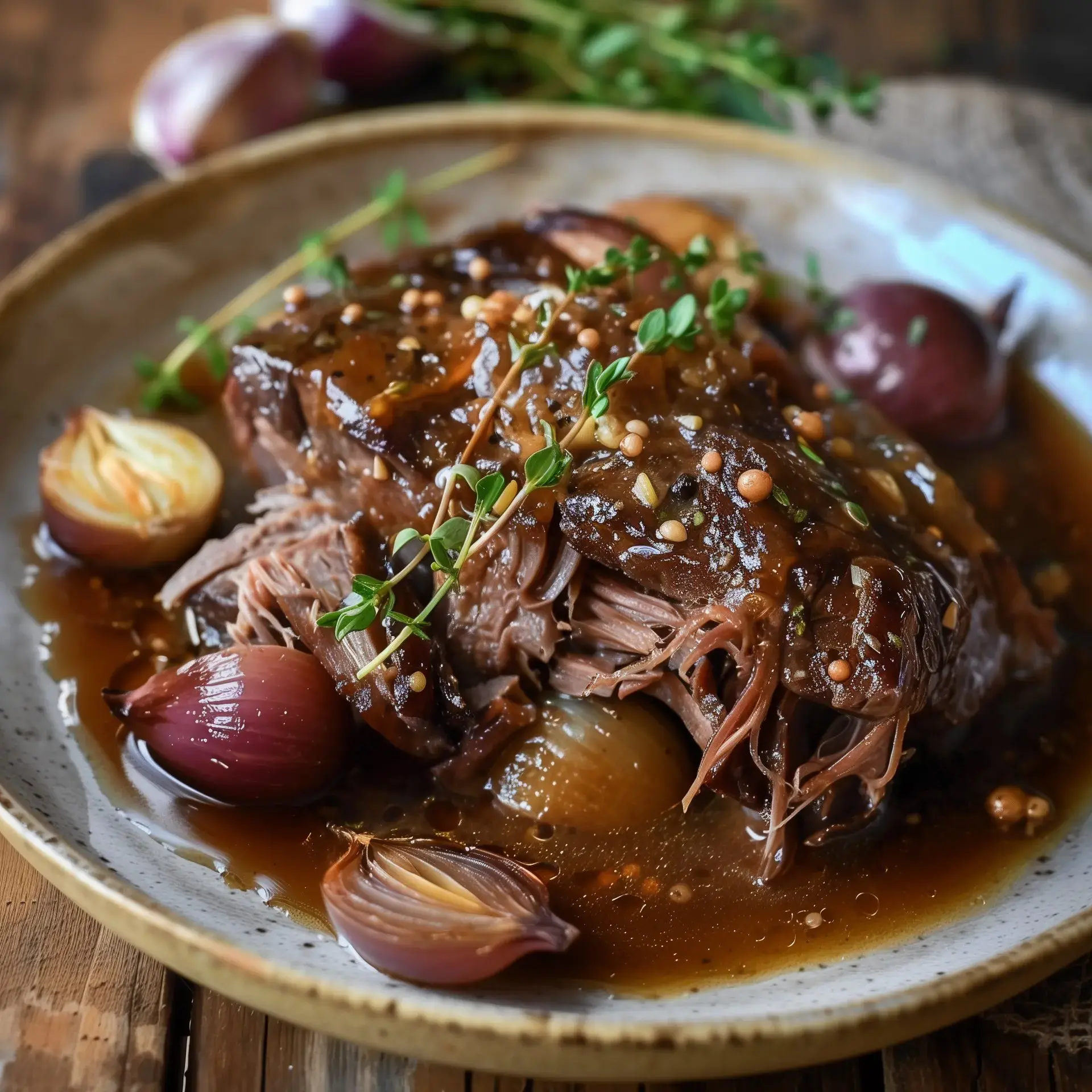 Un plat de viande braisée, servi avec des oignons et une sauce au thym sur une assiette en céramique.