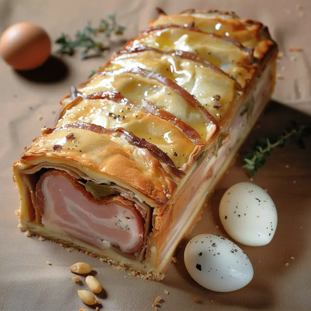 Un pain de viande feuilleté, garni de tranches de jambon et accompagné d'œufs et de pignons de pin, est présenté sur une nappe beige.