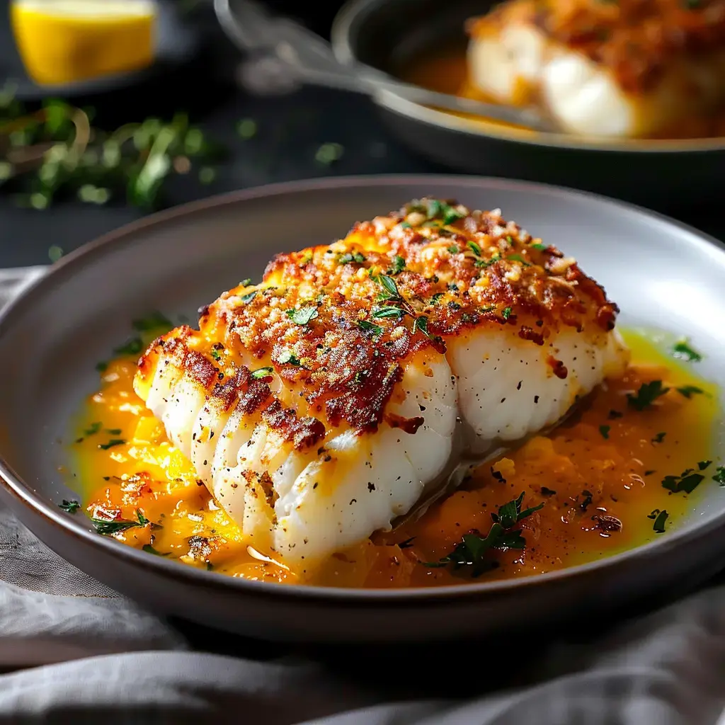 Un filet de poisson rôti, doré et croustillant, servi sur une sauce aux agrumes, garni de thym frais.