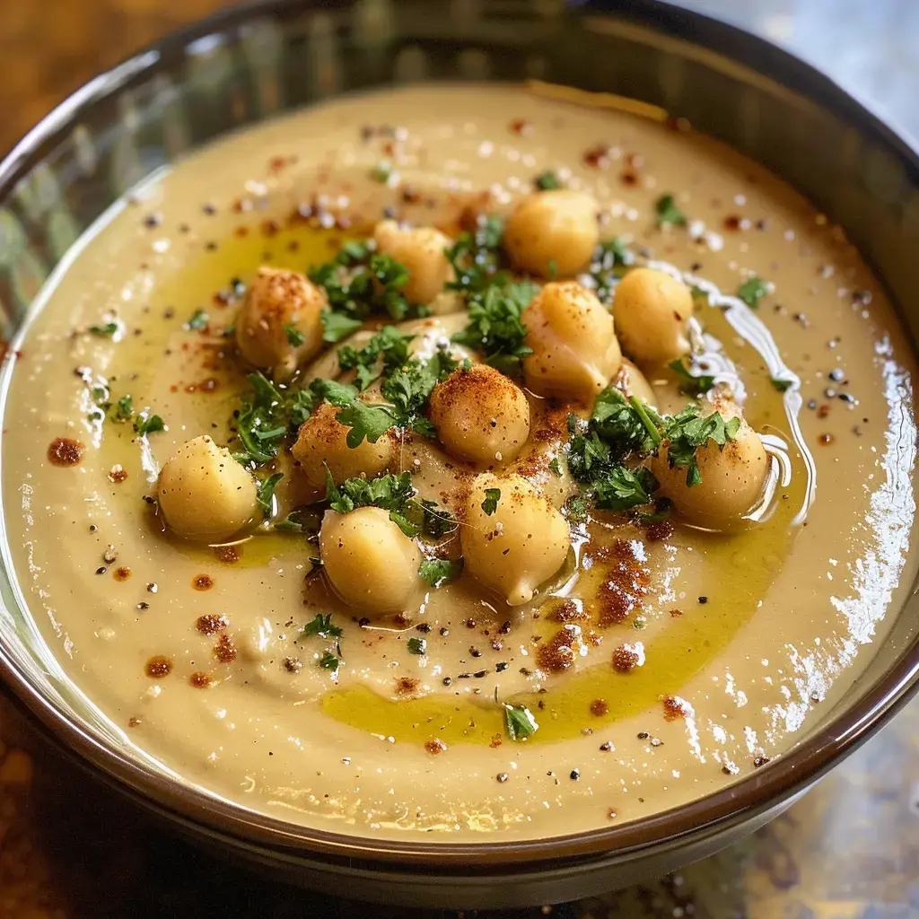 Bol de houmous garni de pois chiches, d'huile d'olive et de coriandre.