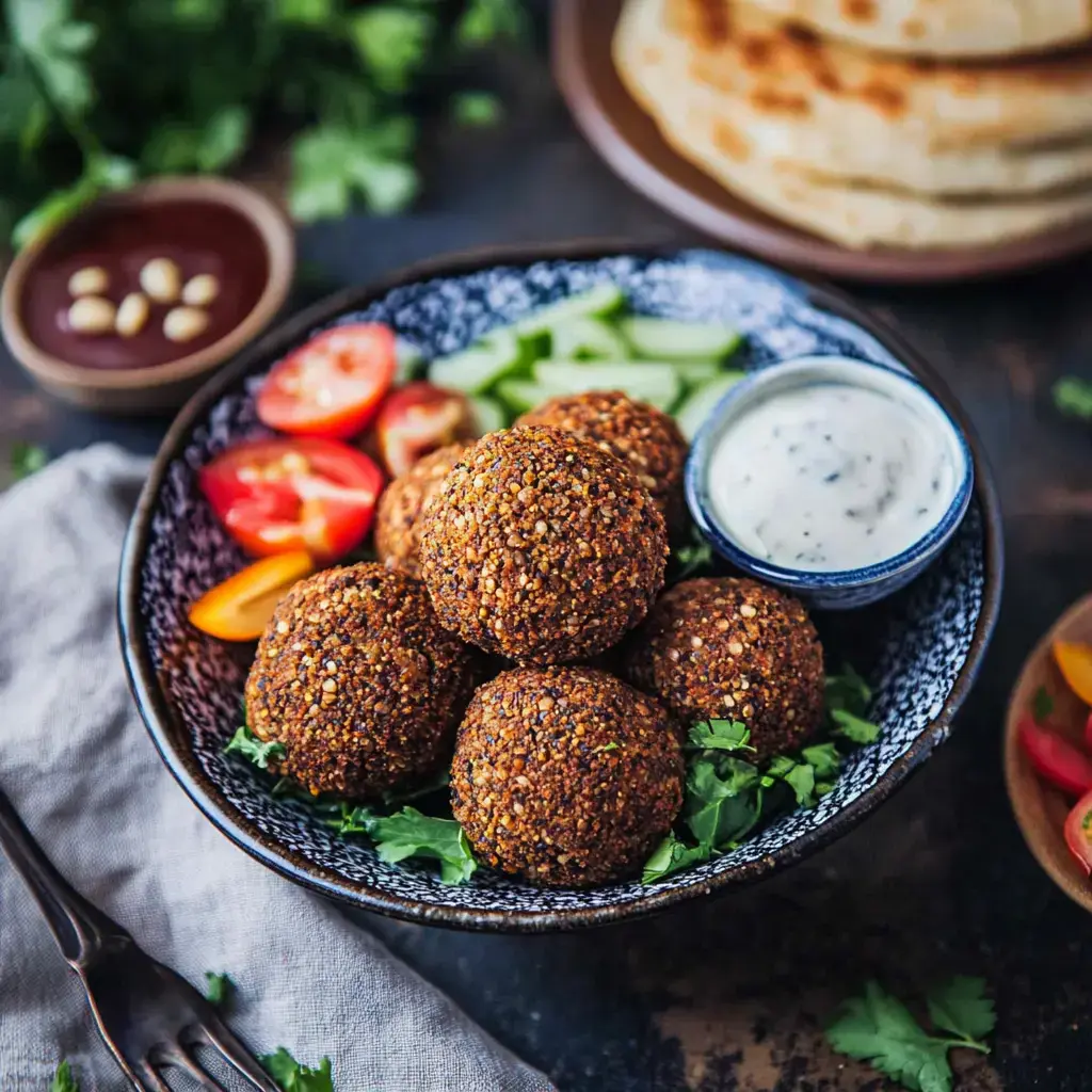 Un bol de falafels croustillants accompagnés de légumes frais et de sauces.