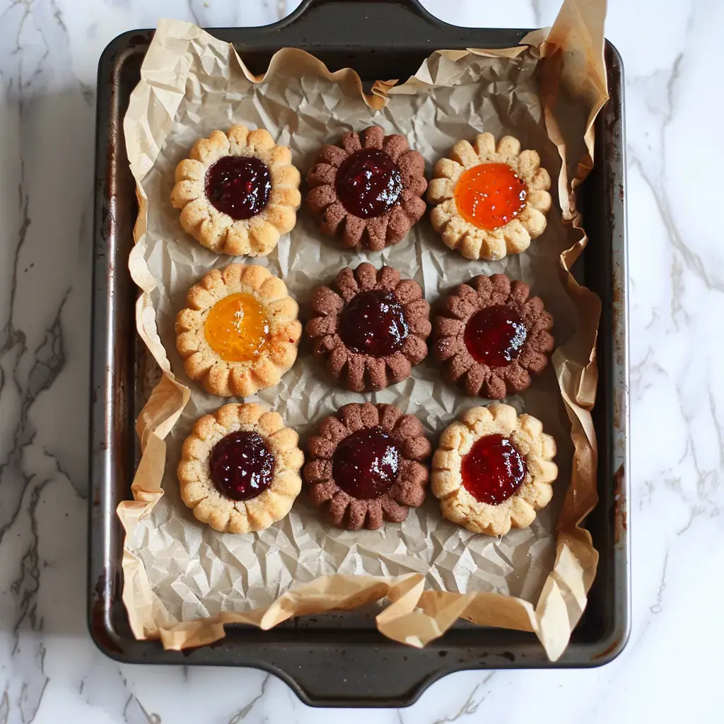 Des biscuits en forme de fleurs avec des confitures colorées au centre, disposés sur du papier sulfurisé dans un plat.