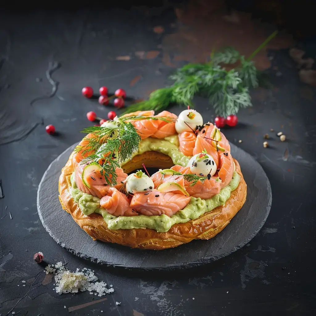 Une couronne de pâte garnie de saumon, de crème d'avocat et décorée d'herbes fraîches et de petits légumes.