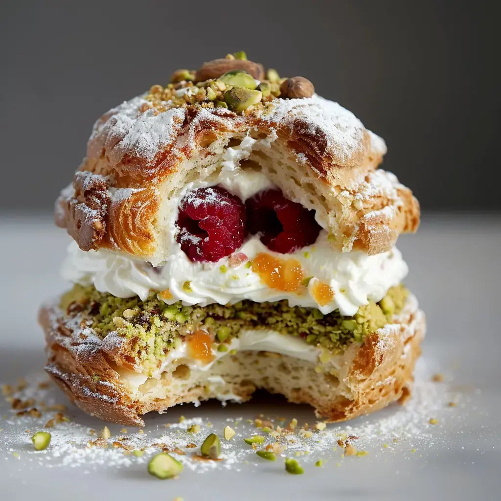 Un choux fourré de crème, framboises et pistaches, saupoudré de sucre glace.