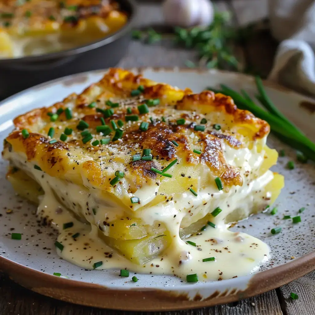 Un plat de gratin de pommes de terre crémeux, garni de ciboulette et légèrement doré sur le dessus, est présenté sur une assiette.