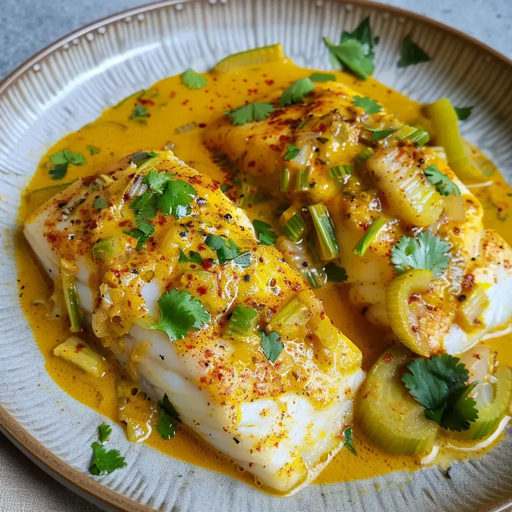 Deux filets de poisson cuisinés dans une sauce jaune épicée, garnis de céleri et de coriandre fraîche.