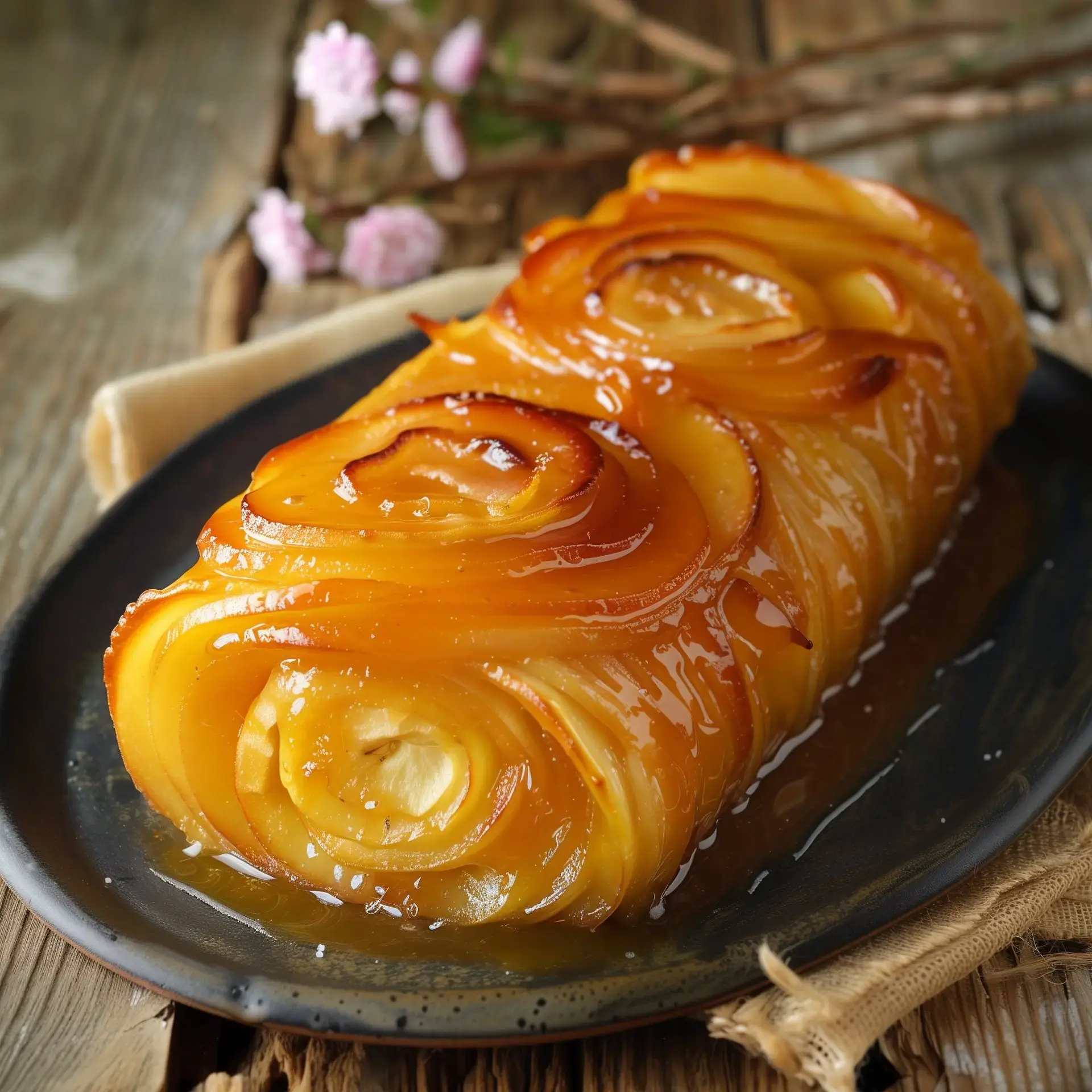 Voici une tarte aux pommes décorée de fines rondelles de pommes caramélisées, servie sur une assiette noire avec quelques fleurs en arrière-plan.