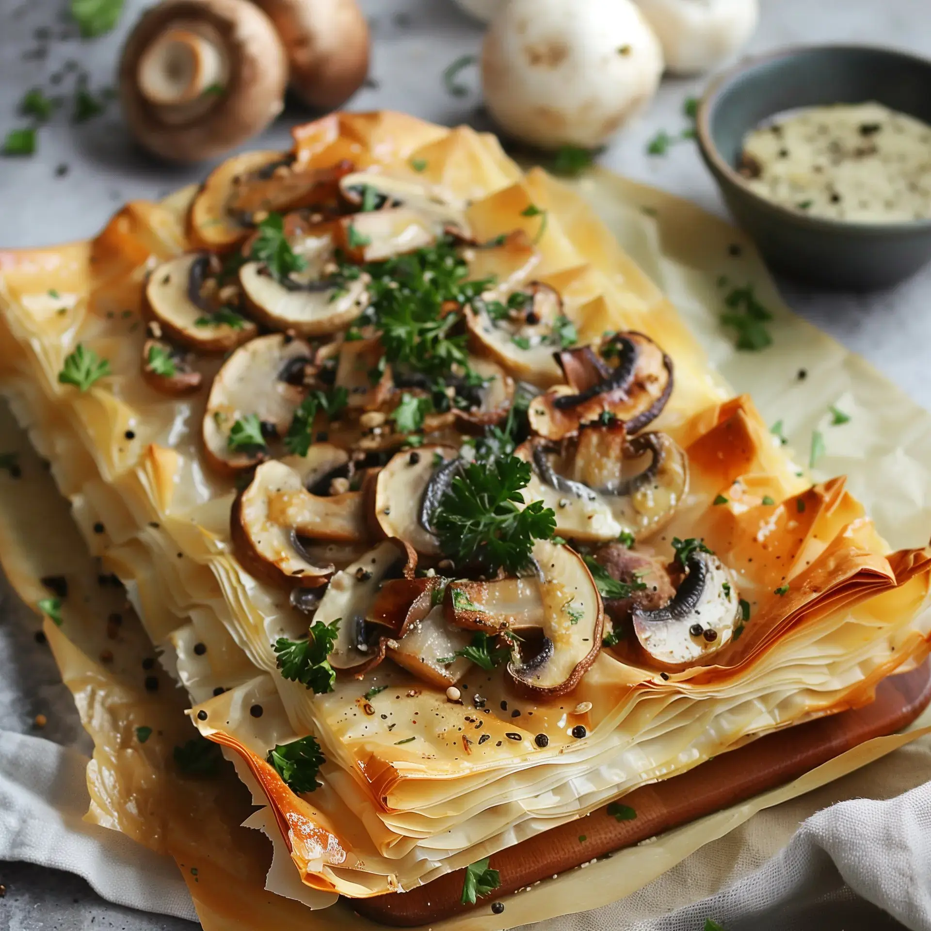 Une lasagne de pâte filo garnie de champignons sautés et de persil, accompagnée d'une sauce dans un bol.