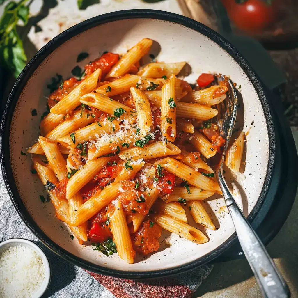 Pâtes penne avec une sauce tomate garnie de parmesan et de persil dans un plat.