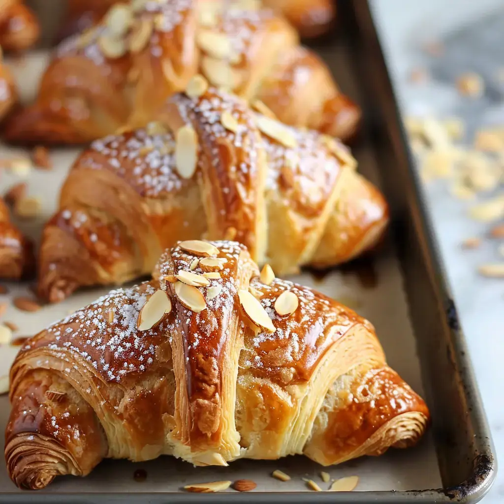 Trois croissants dorés garnis d'amandes et de sucre glace sont disposés sur une plaque de cuisson.