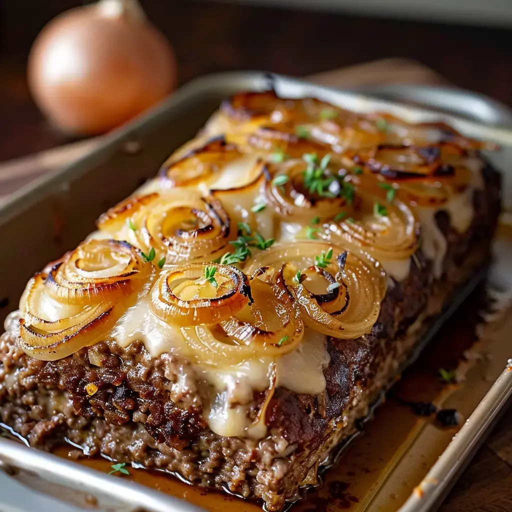 Un rôti de viande garni d'oignons caramélisés et de fromage, servi sur un plat.