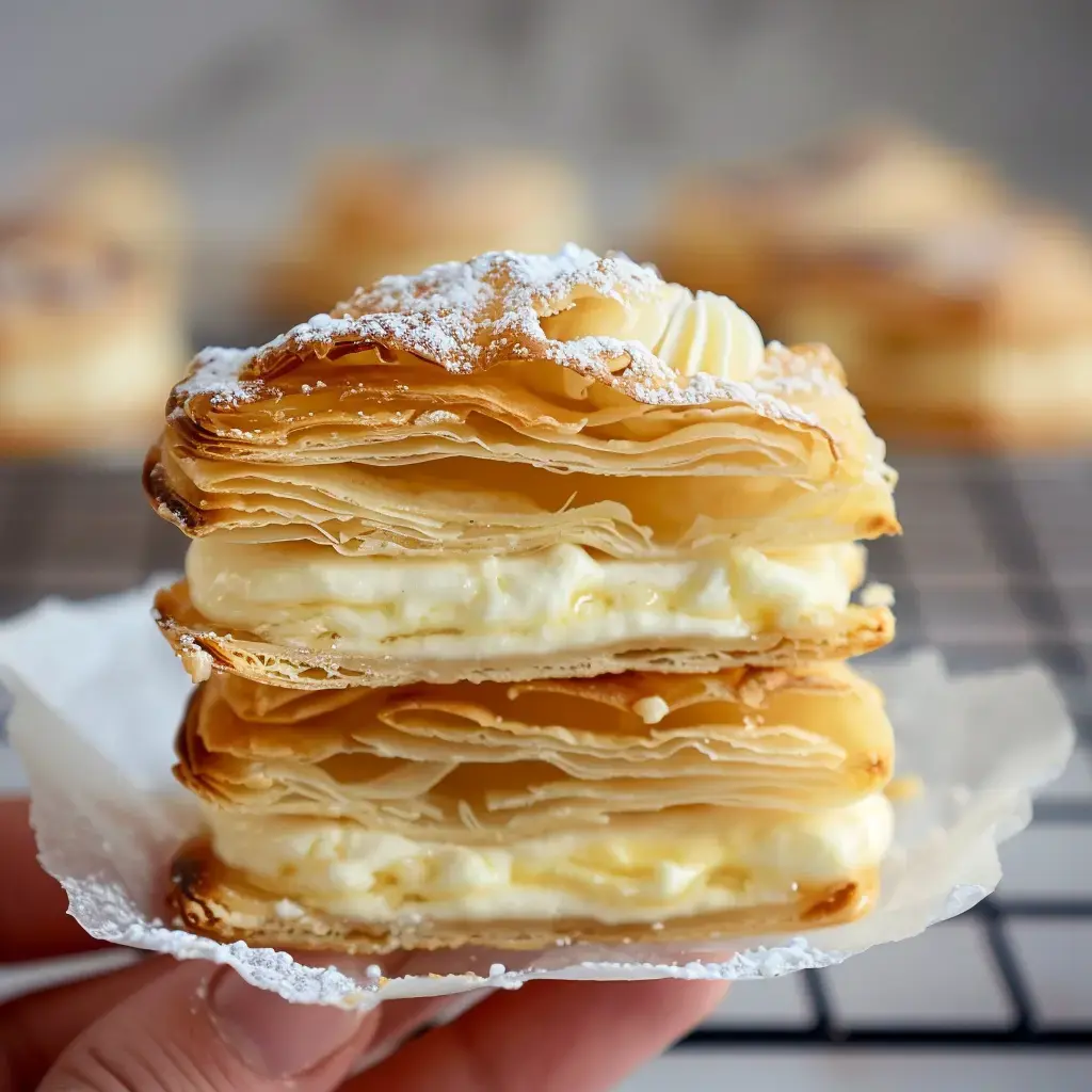 Un pâtissier tient une portion de mille-feuille, composé de couches de pâte feuilletée et de crème pâtissière, saupoudré de sucre glace.