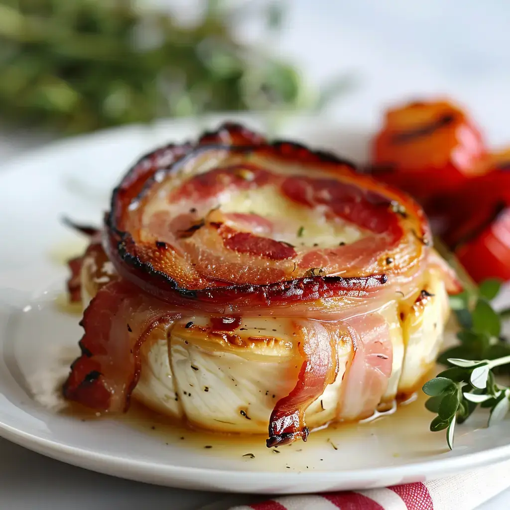 Un fromage recouvert de bacon croustillant est servi avec des poivrons grillés et des herbes fraîches.