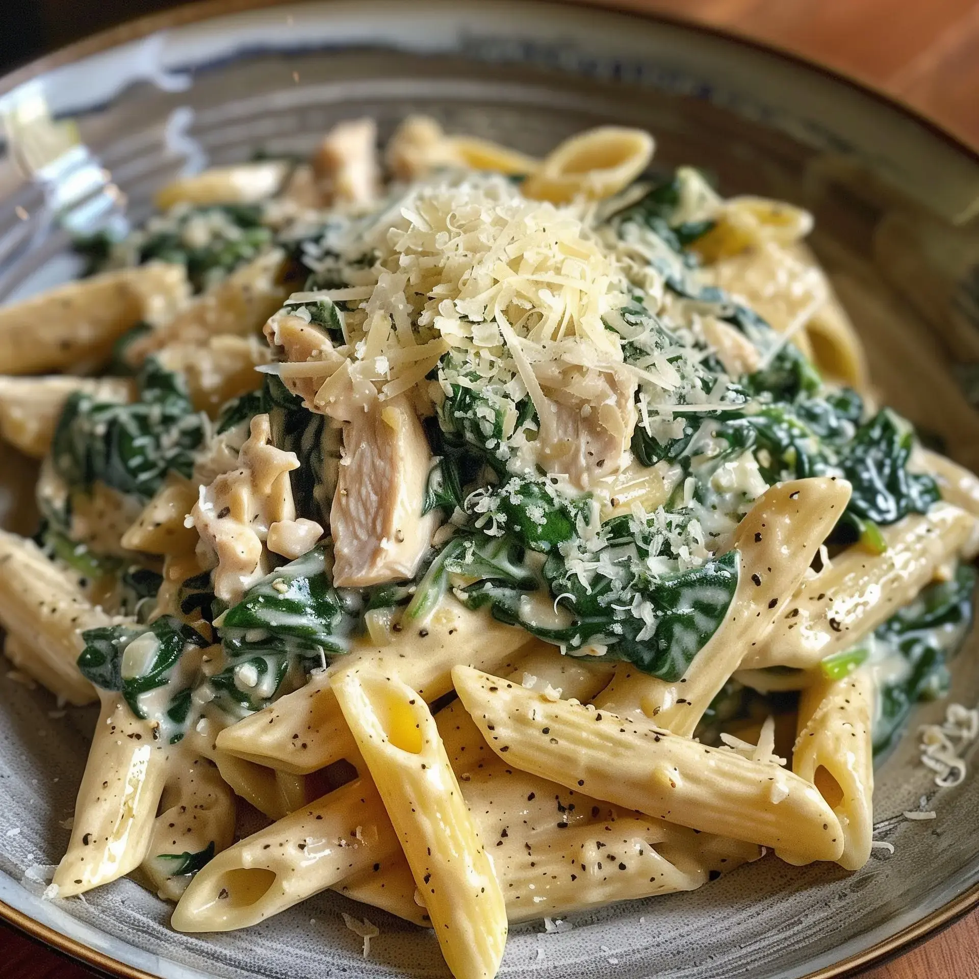 Un plat de pâtes penne crémeuses aux épinards et poulet, garni de fromage râpé.