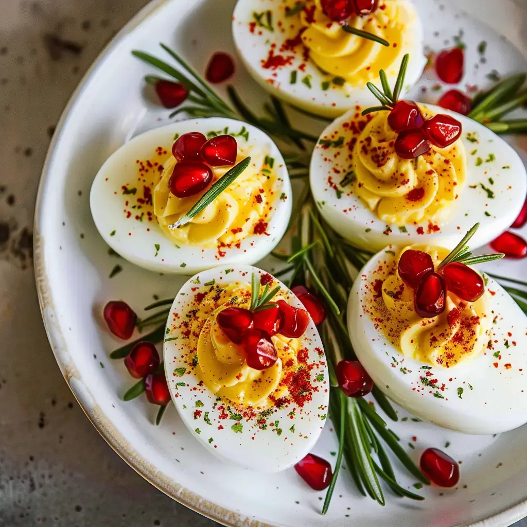 Des œufs mimosa garnis de crème jaune, parsemés de paprika et décorés de graines de grenade et de brins de romarin.