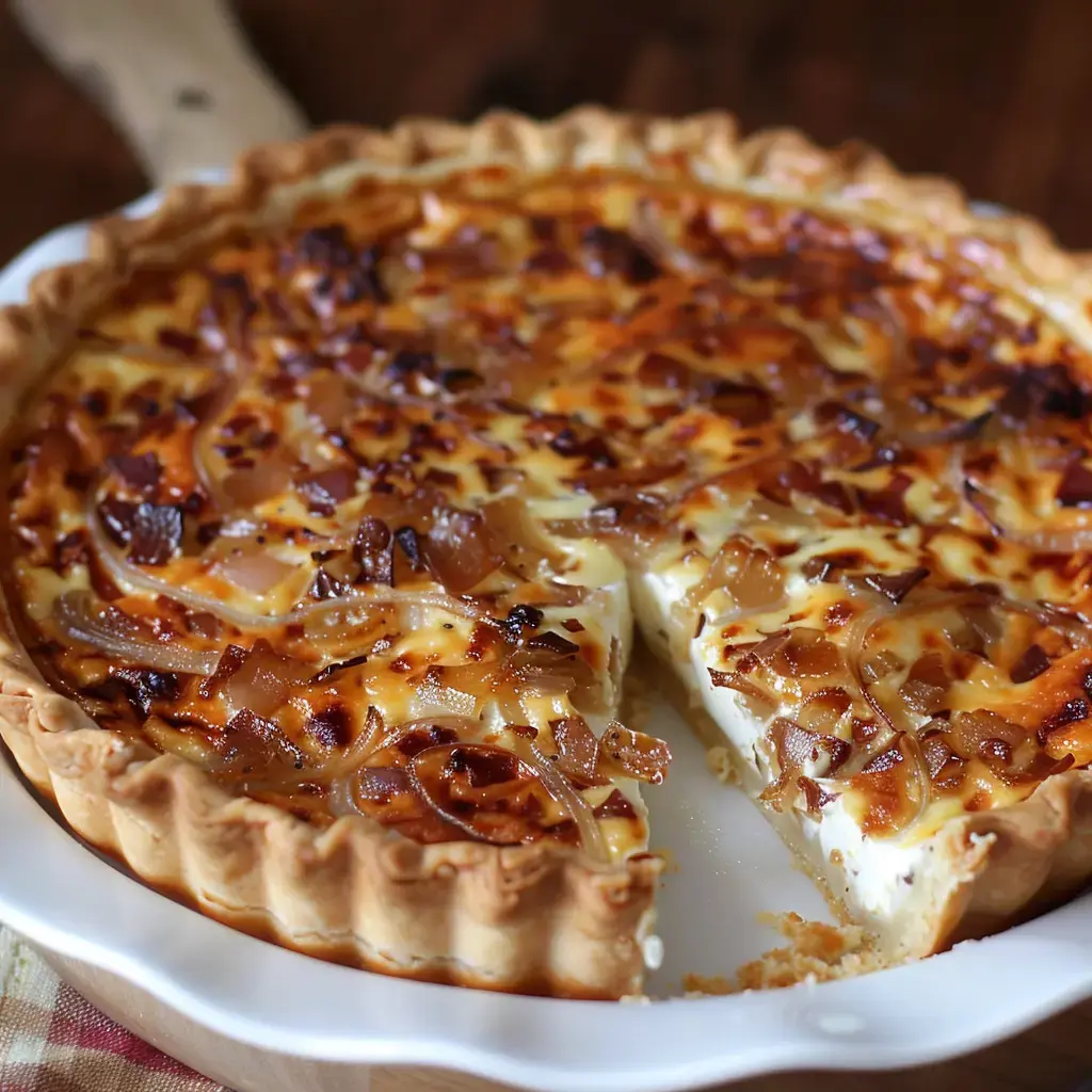 Tarte salée garnie de fromage et d'oignons caramélisés, avec une part découpée.