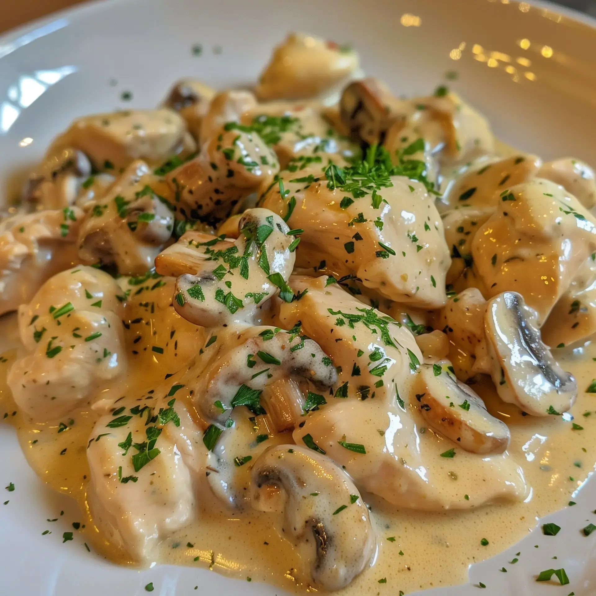 Un plat de poulet crémeux accompagné de champignons et parsemé de ciboulette.