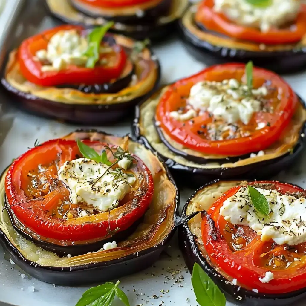 Des tranches d'aubergine et de tomate garnies de fromage et d'herbes, présentées sur un plateau.