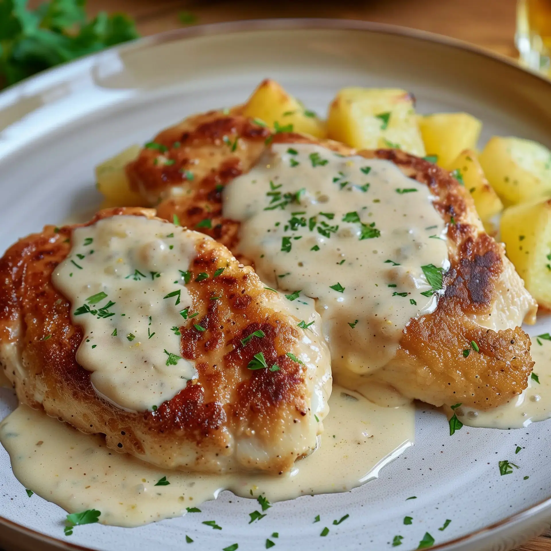 Un plat de poulet grillé avec une sauce crémeuse, garni de persil et accompagné de pommes de terre dorées.