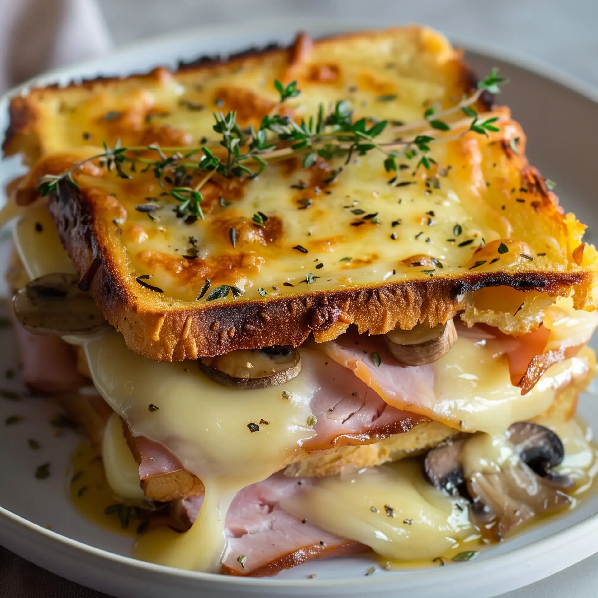 Un plat de croque-monsieur garni de jambon, fromage fondant et champignons, décoré de thym frais.