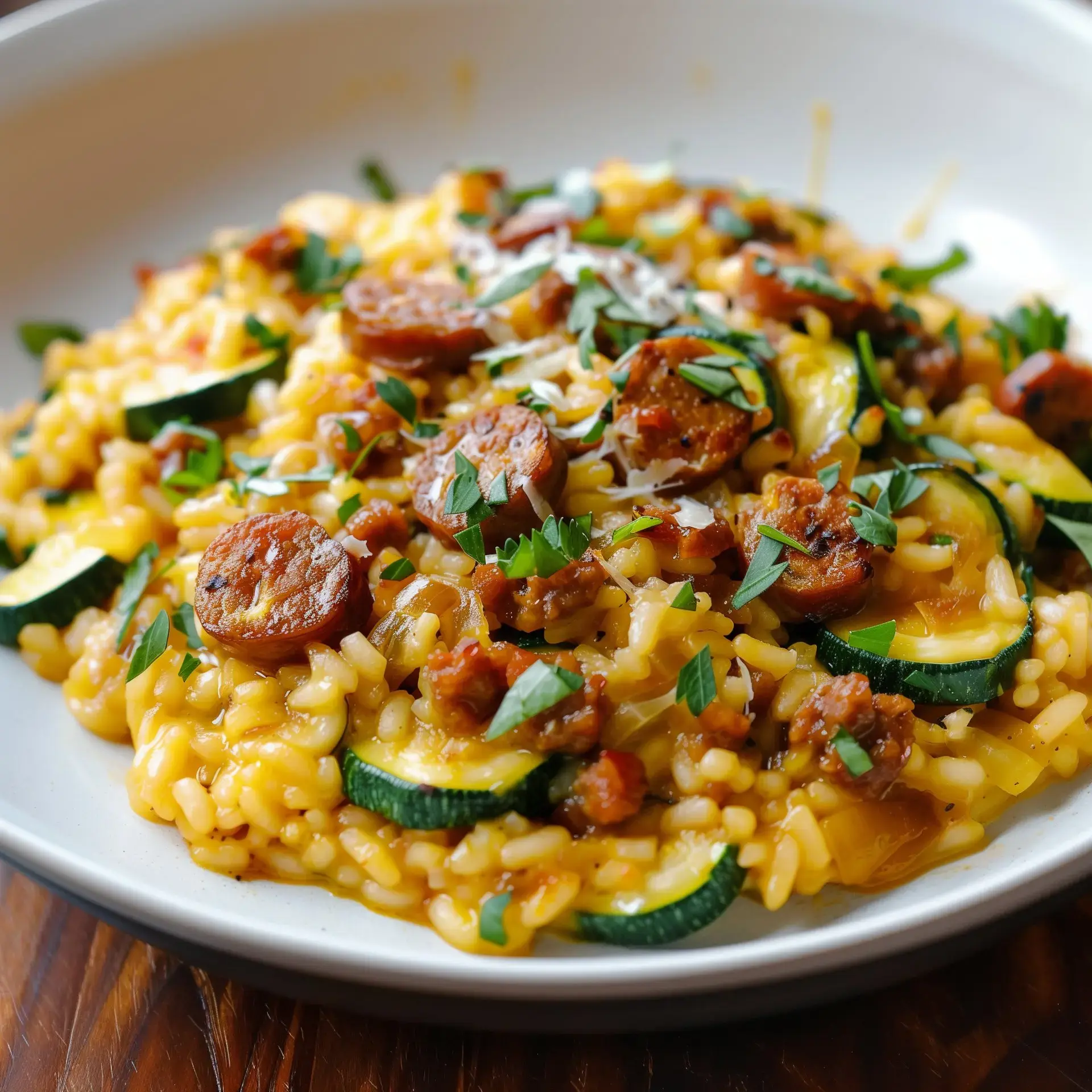 Un plat de risotto crémeux aux saucisses, courgettes et herbes fraîches.