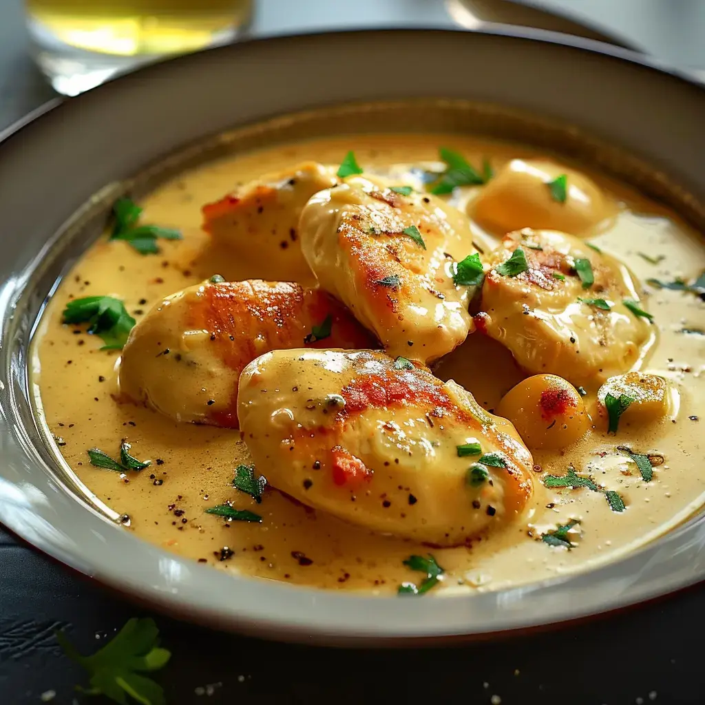 Un plat de gnocchis crémeux garnis de persil et d'épices, servi dans une sauce riche.