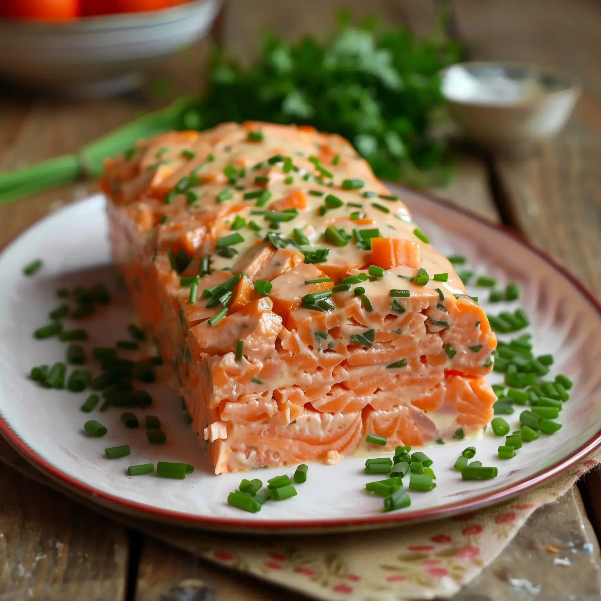 Un plat de terrine de saumon, garni de ciboulette fraîche, présenté sur une assiette avec des morceaux de légumes.