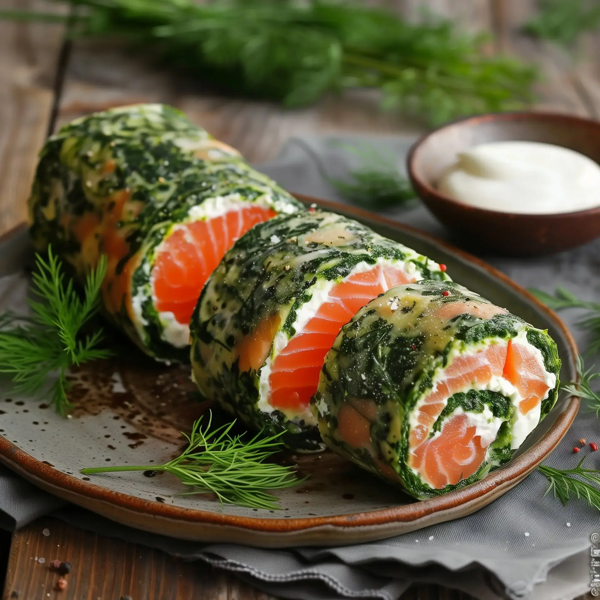 Roulé de saumon enrobé d'épinards, garni de fromage frais et décoré d'aneth.