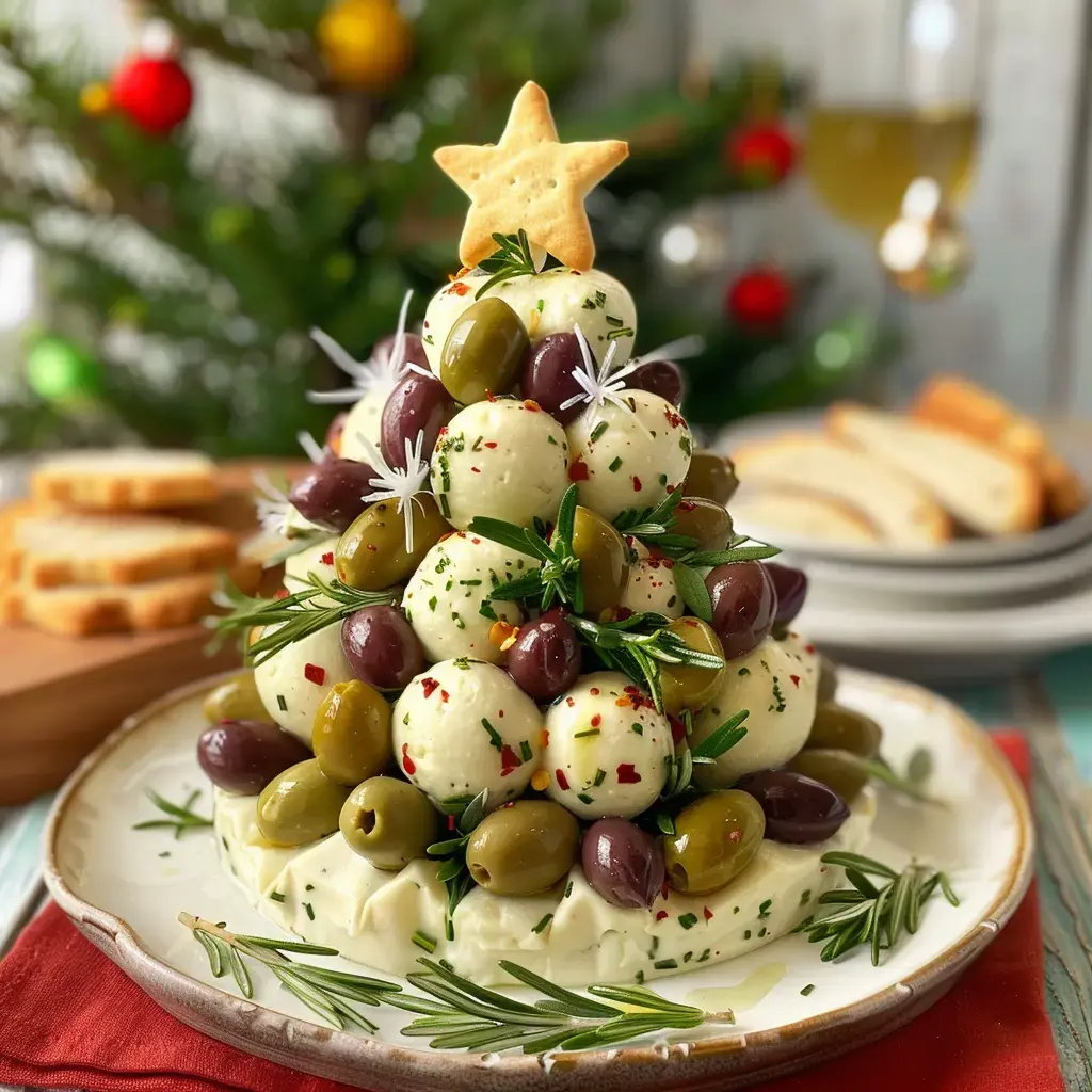 Un plat en forme de sapin de Noël composé de boules de fromage, d'olives, de décorations herbales et surmonté d'une étoile en biscuit.