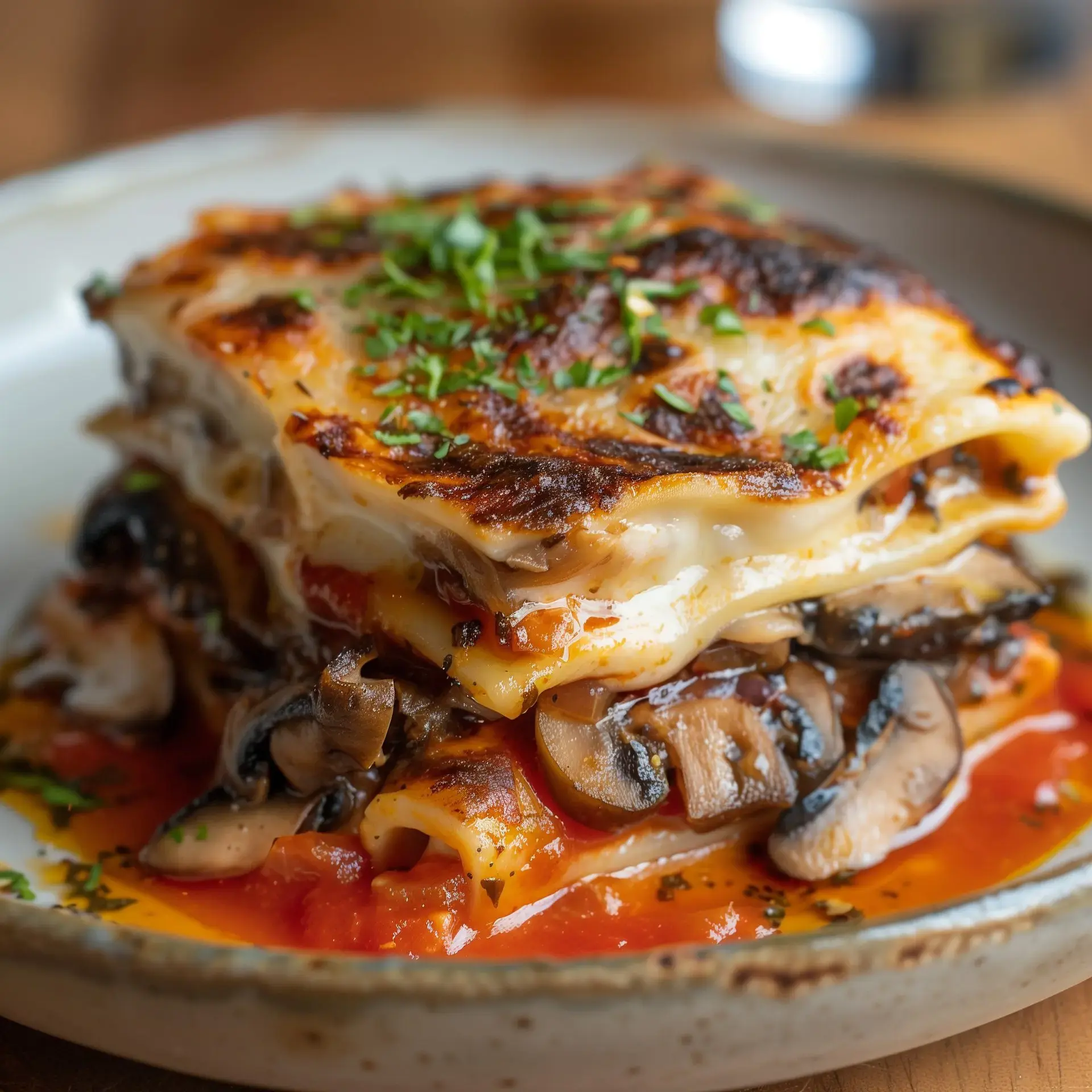 Une lasagne riche en couches garnie de champignons, de sauce tomate et d'herbes fraîches, servie dans une assiette.